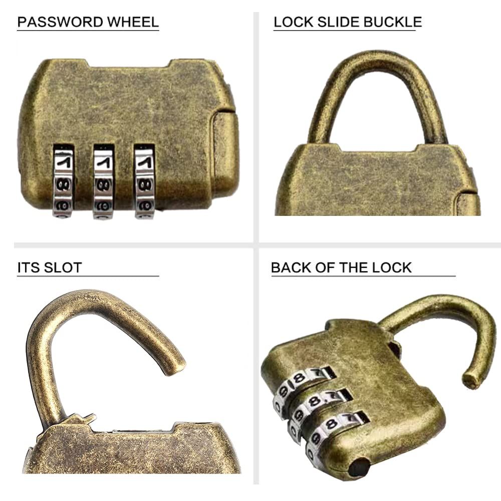 Vintage Antique Style 3 Digit Combination Lock Mini Bronze Password Padlock Small Metal Padlock Archaize Style Lock,Pack of 3 — image 3