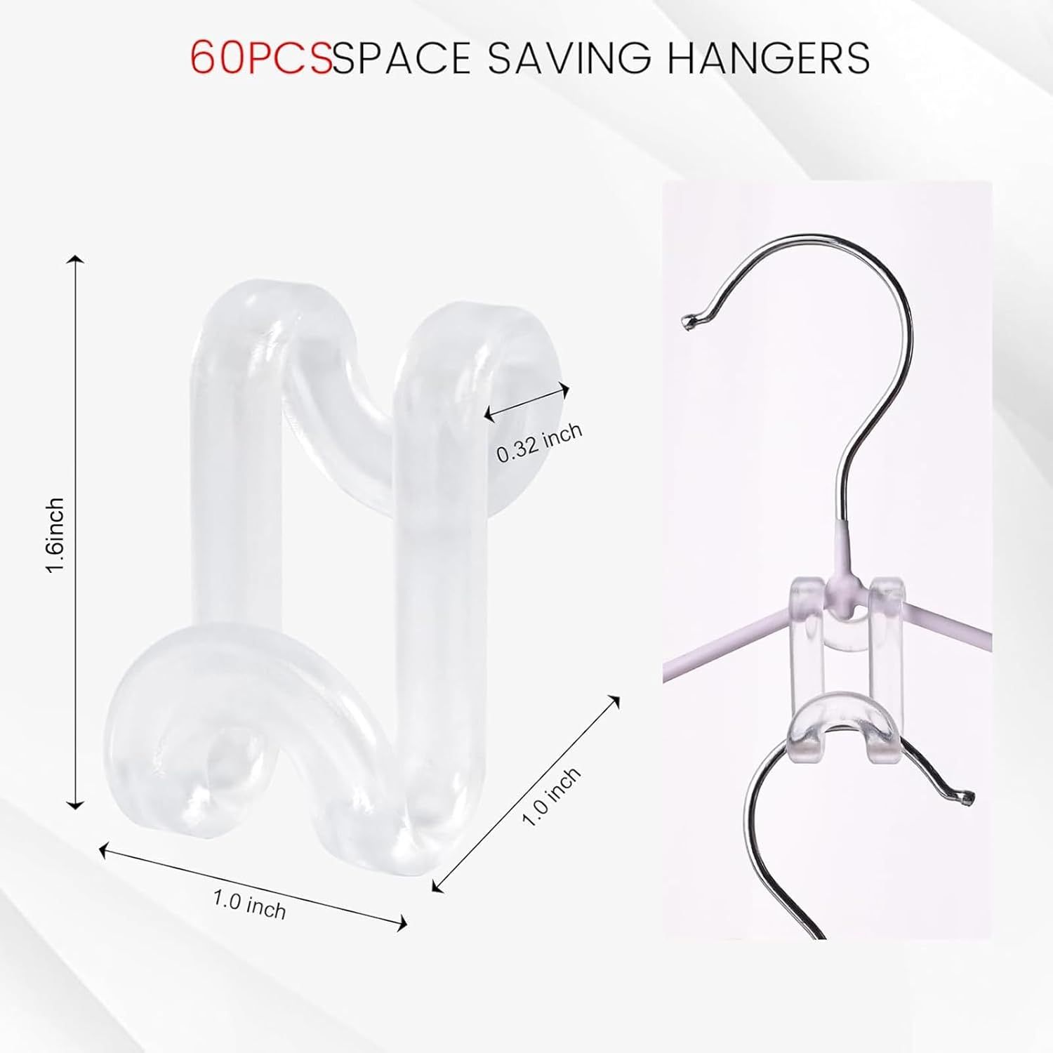 Hanger Hooks Space Saving, 60PCS Clothes Hanger Connector Hooks Closet Space Savers for Hanging Clothes, Clear — image 3