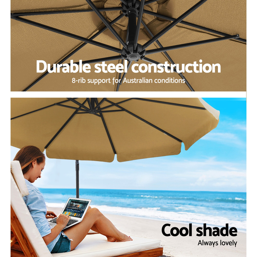 Instahut 3m Outdoor Umbrella w/Base Cantilever Garden Patio Beach Beige — image 4