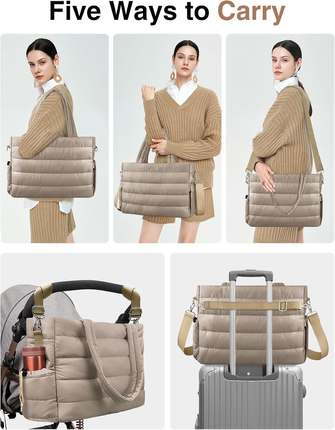 Khaki Stylish Quilted Nylon Tote Bag - Large Capacity Diaper Nappy Bag for Travel & Stroller with Adjustable Straps โ image 5
