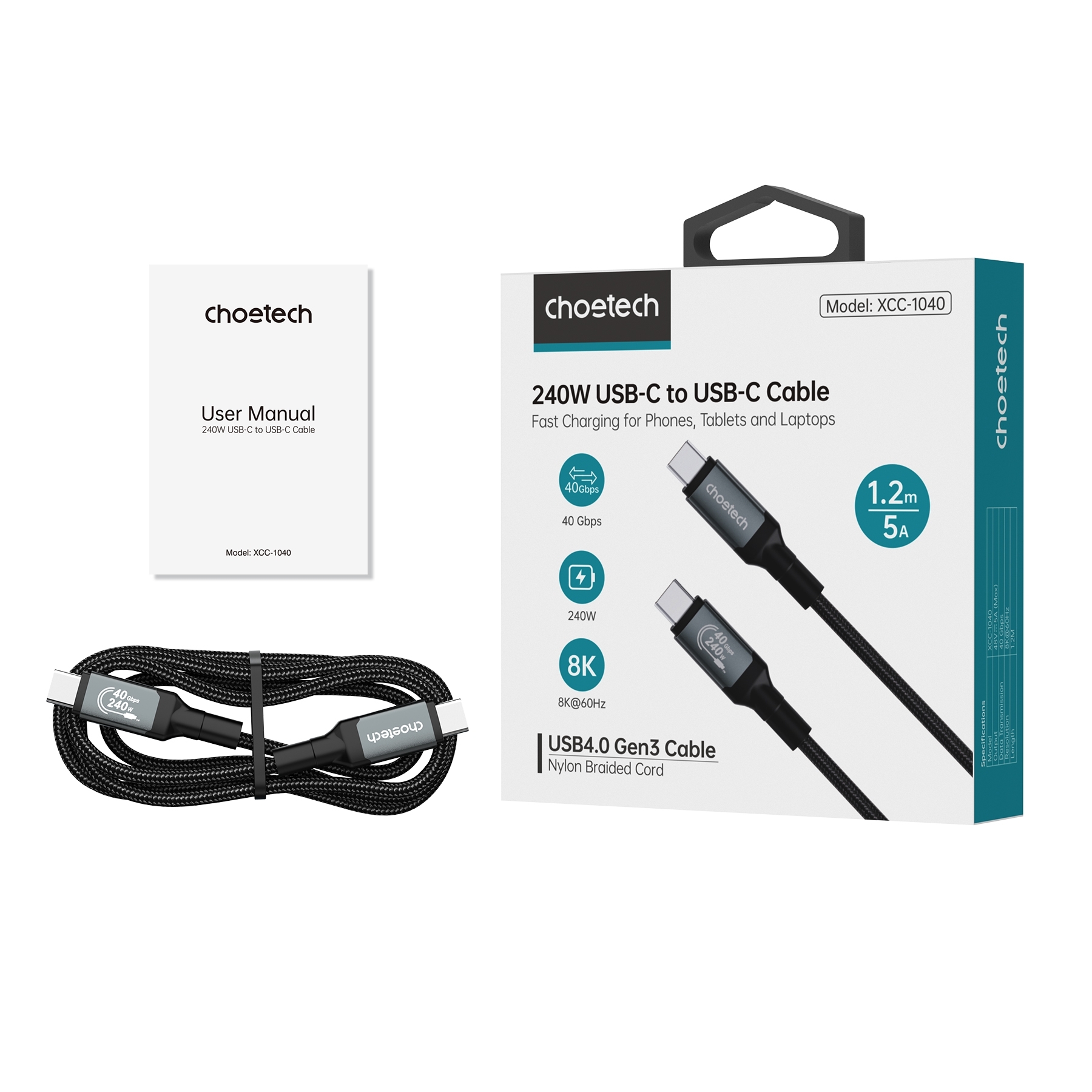 CHOETECH XCC-1042 Gen3.0 USB4.0 with 8K @ 60hz Video & Audio 240W USB-C to C Braided Cable 2M โ image 3