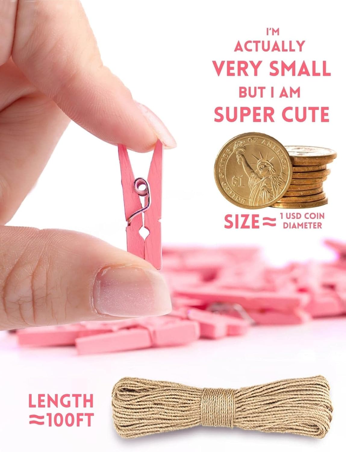 Mini Clothes Pins for Photo, Sturdy Natural Wooden Clothespins 150 Pcs 1 Inch with 33 FT Jute Twine, Small Clips for Crafts Display Baby Shower Game Hanging — image 3