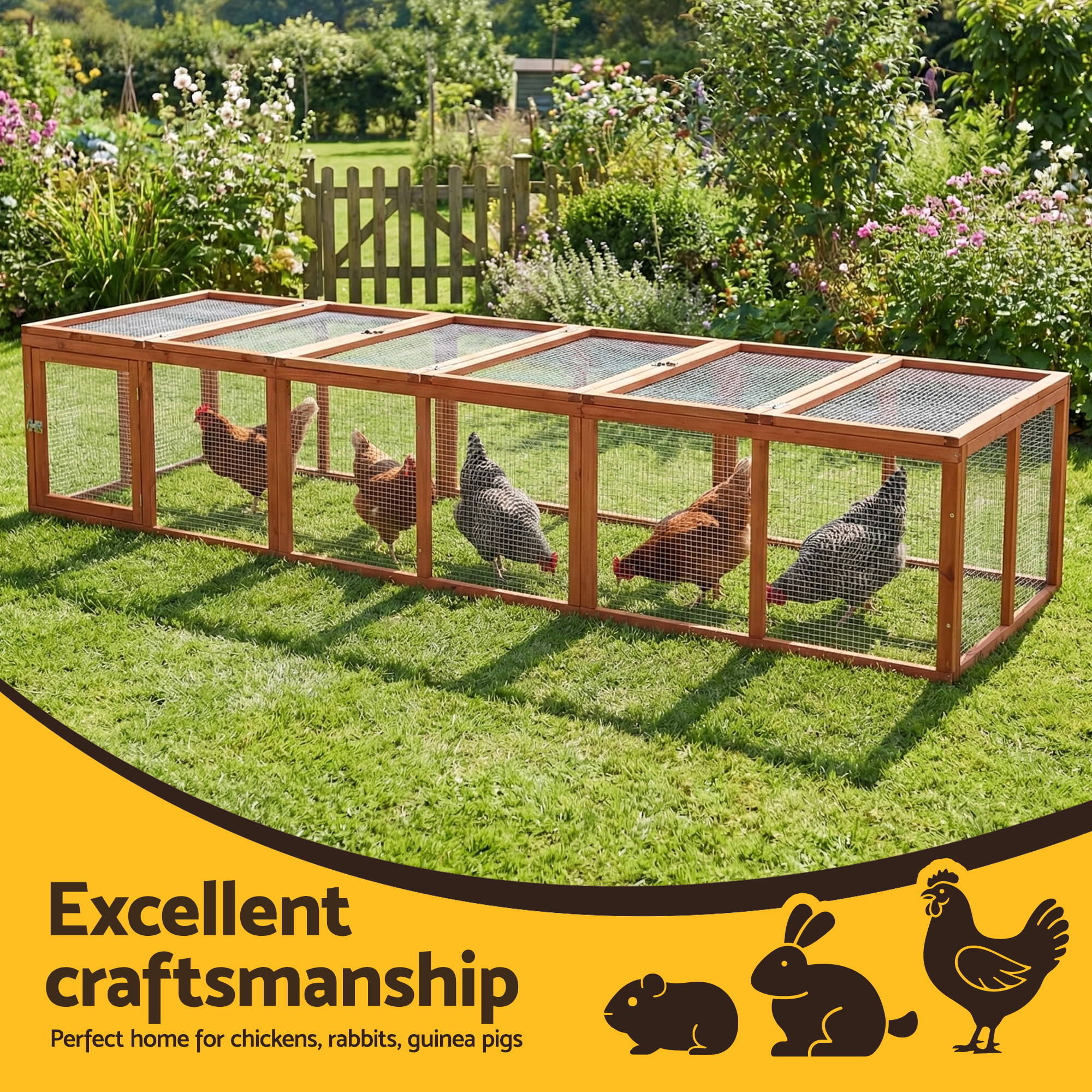 i.Pet Chicken Coop Wooden Pet Run Rabbit Hutch Large Outdoor Cage with Play Area Brown โ image 4