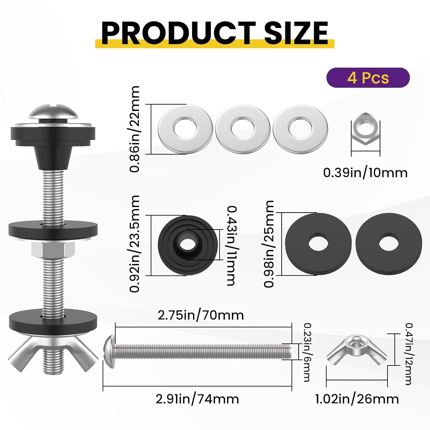 4 Pcs Universal Toilet Tank to Bowl Bolts Kit, Heavy Duty Stainless Steel Toilet Tank Bolts with Stainless and Rubber Washers Gasket for Toilet Mounting and โ image 2