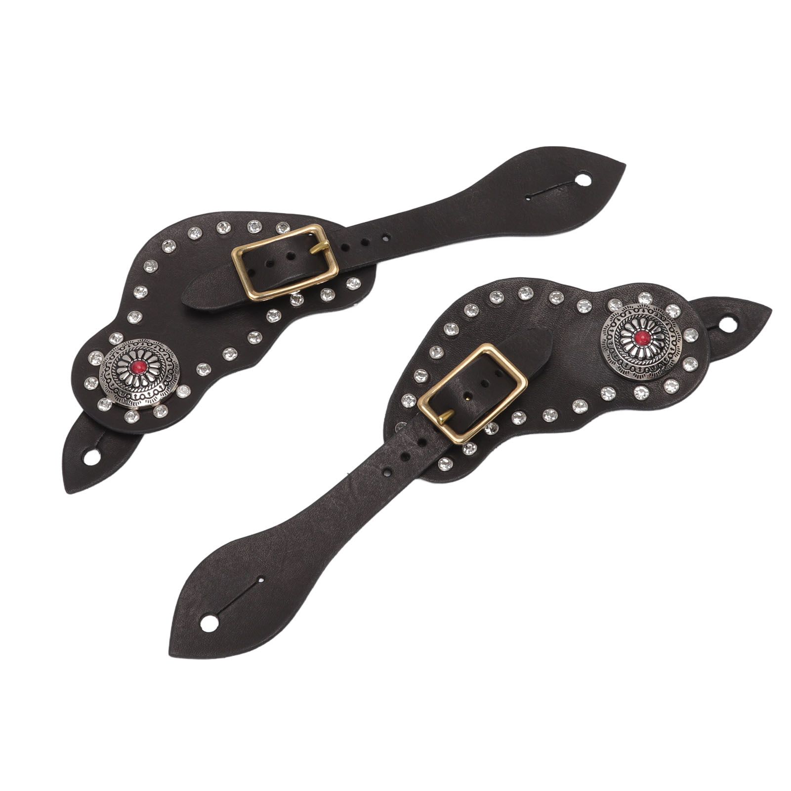 1Pair Spur Strap Leather Rhinestone Western Vintage Style Horse Riding Protective Equipment for Outdoor Black — image 4