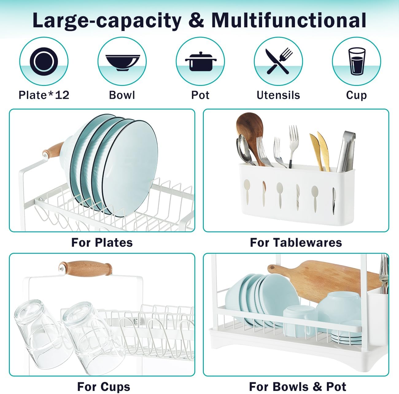 CARLA HOME 2-Tier Large Dish Drying Rack with Drainboard, Utensil Holder, Glass Hooks & Cutlery Storage (White) — image 6