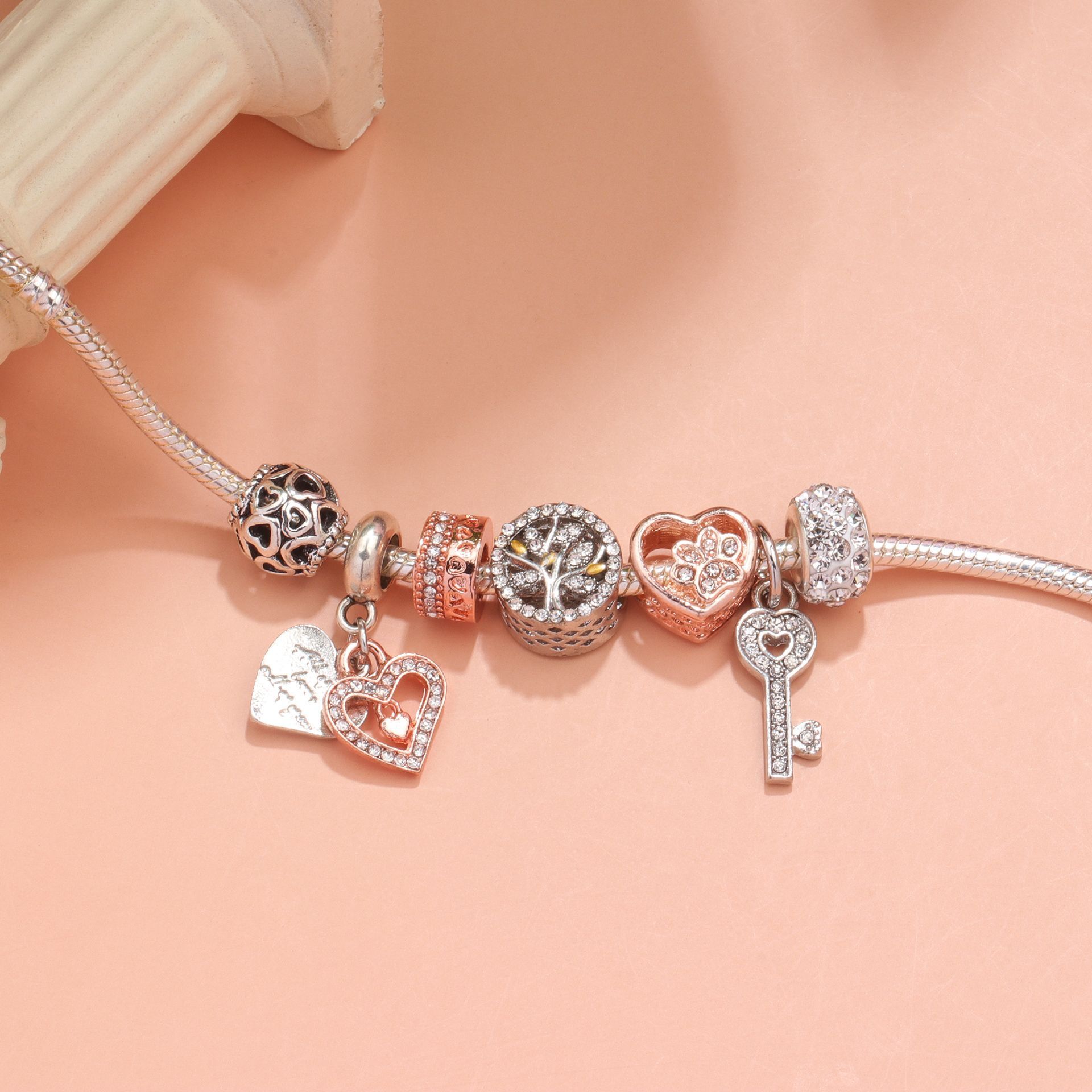 Crystal-studded Hollow Heart Key Tree of Life Bracelet(silver,20cm) โ image 2