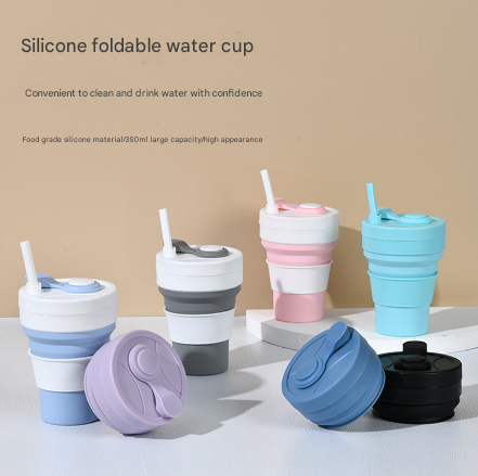 2 Pcs White and Pink 350ml Collapsible Silicone Travel Cup - Portable, Leak-Proof & Food-Grade Drinking Mug with Lid, Insulating Sleeve & Straw — image 2