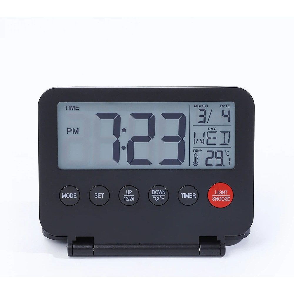 Digital Travel Alarm Clock - LCD Display, Backlit desktop alarm clock, student folding mirror electronic clock, temperature display, snooze, portable