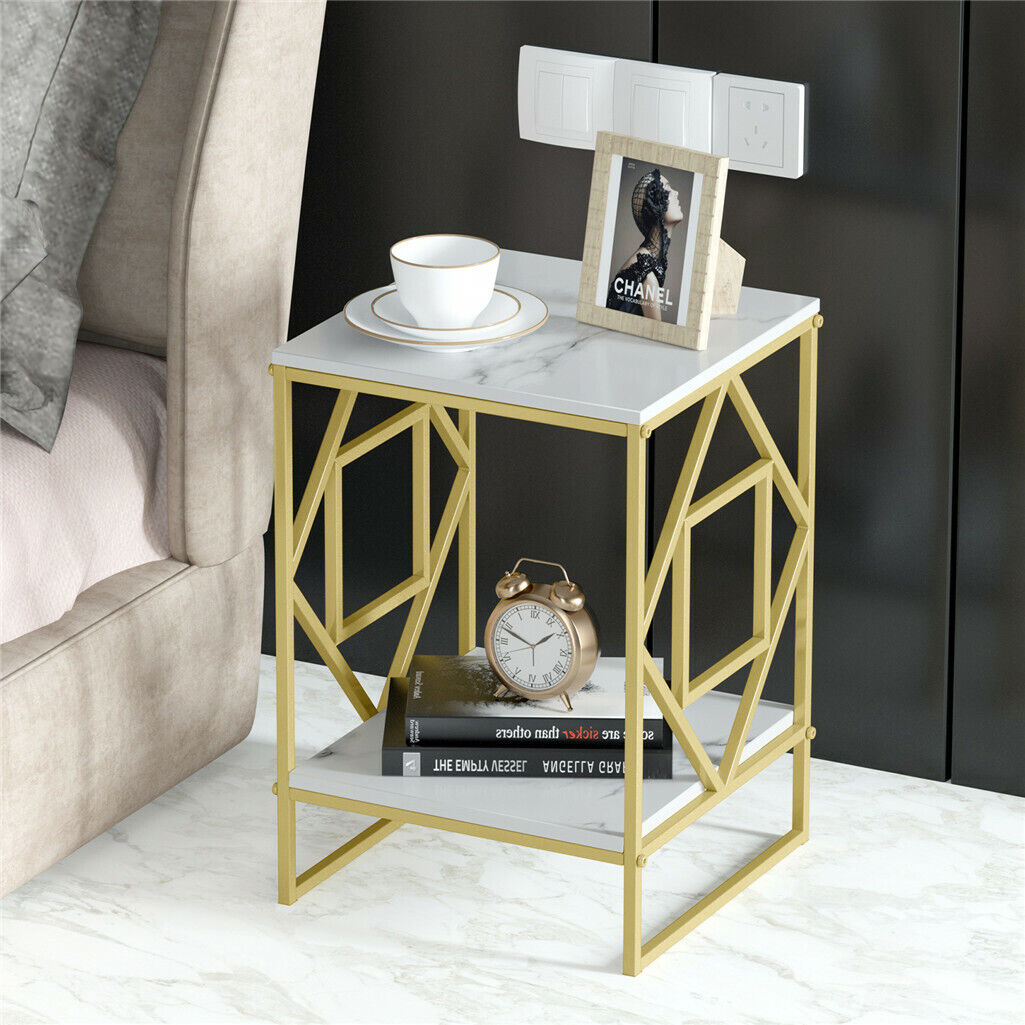 White Marble Gold Side Table Living Room End Accent Table Nightstand with Shelf โ image 4