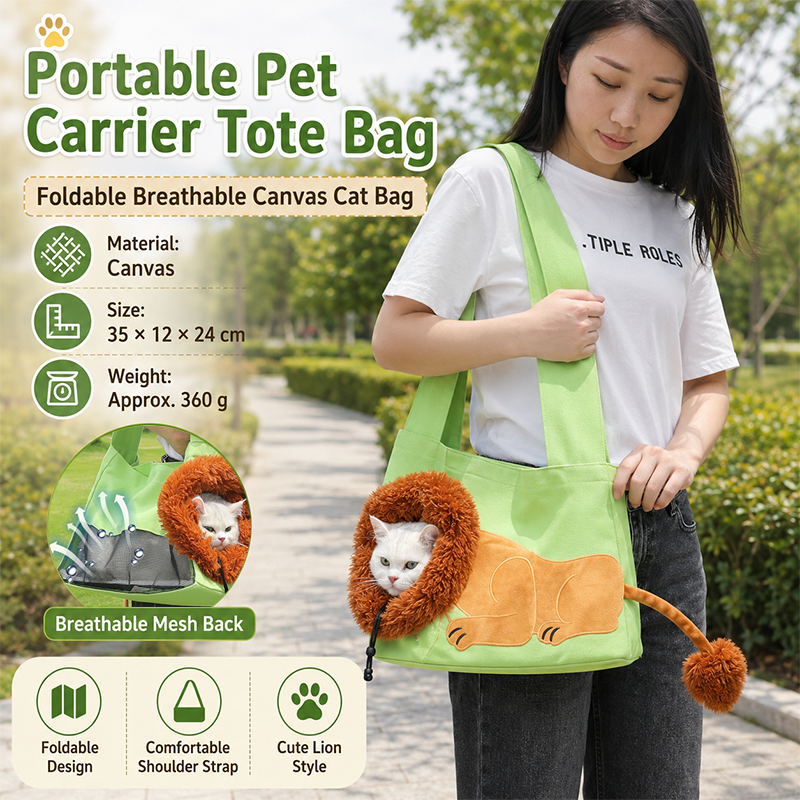 Lion Style Canvas Pet Carrier Green Bag(small size 35*12*24cm) - Adjustable Head Opening, Breathable Mesh, 8cm Wide Shoulder Strap, PE Support Base, Portable — image 2