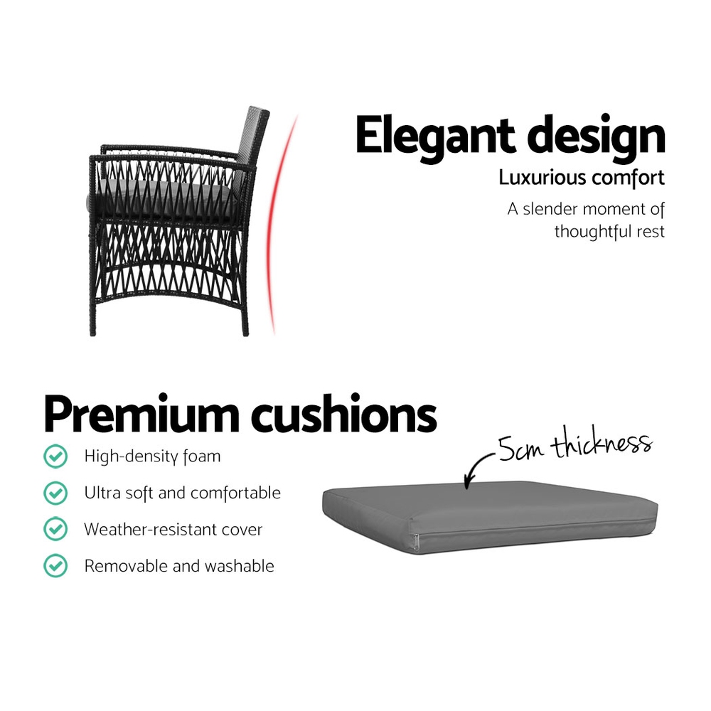 Gardeon 3PC Outdoor Bistro Set Patio Furniture Wicker Dining Chairs Table Cushion Black โ image 6