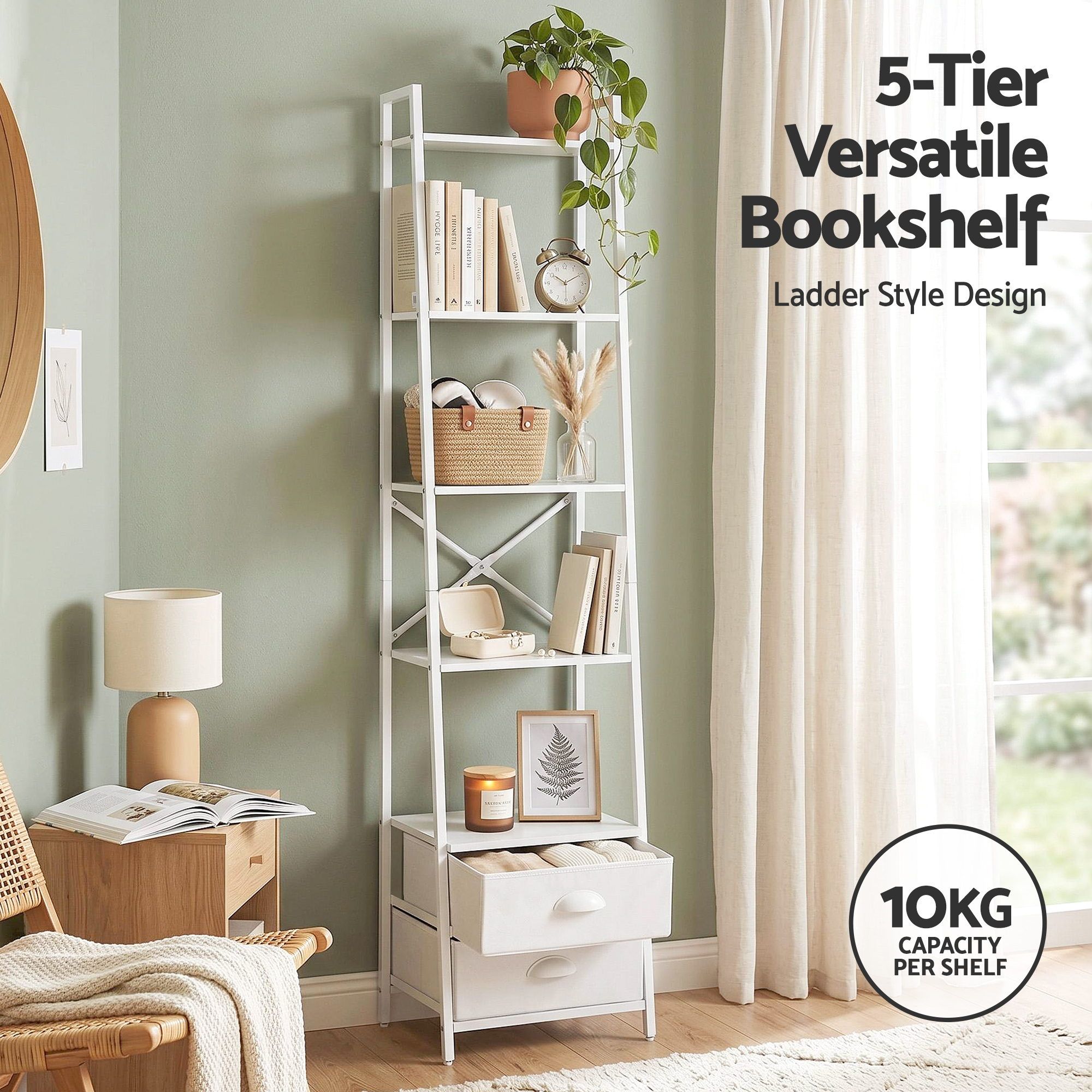 Artiss 5 Tier Bookshelf Ladder Bookcase with Fabric Drawers Display Rack White — image 5