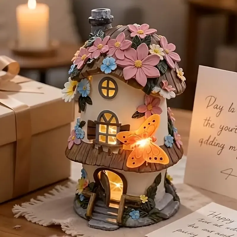 Butterfly Orange Mushroom Flower House Solar Light, resin waterproof fairytale design, automatic lighting for courtyard, garden, and lawn decoration