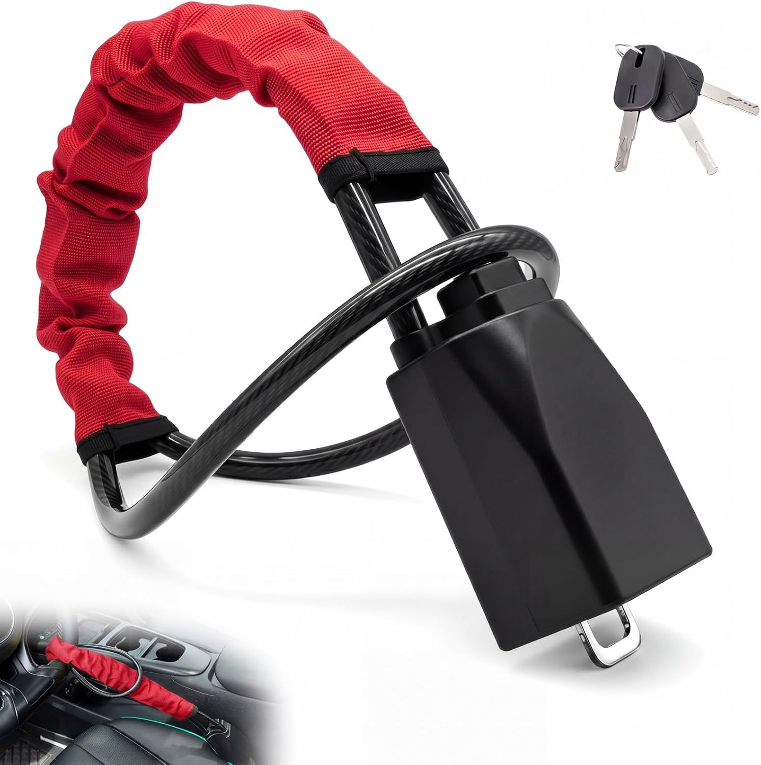 2 Set Red 28 Inch Car Steering Wheel Anti Theft Lock - Universal Steel Cable Anti Shear Seat Belt Lock with 3 Keys and Protective Sleeve, Waterproof and