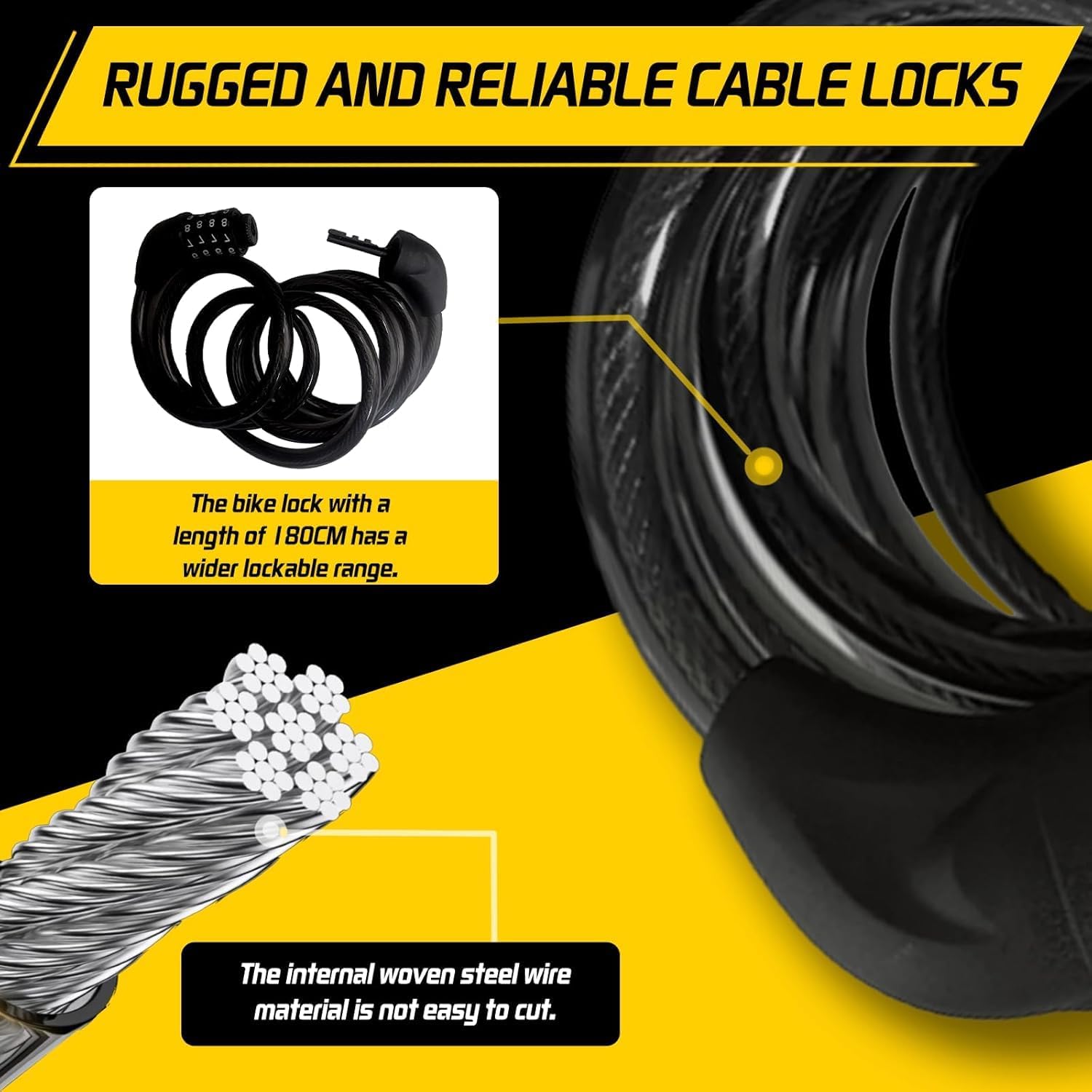 Bike Cable Lock 6FT Long, 4 Digit Resettable Combination Lock, Heavy Duty Steel Cable with Waterproof Vinyl Coating Anti Theft Security Lock for Road Bike β image 4
