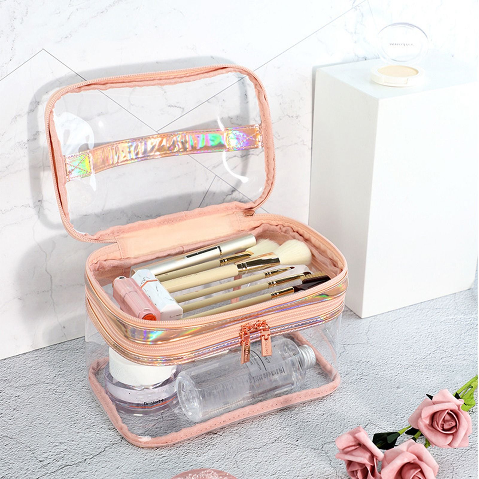 Ladies Cosmetic Bag Transparent Double Layer Waterproof High Capacity Toiletry Storage Bag for Travel Pink — image 6