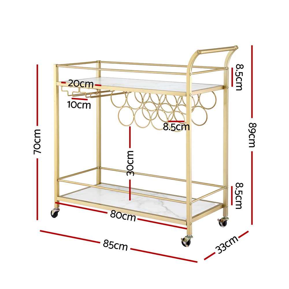 Artiss Bar Cart Drinks Trolley Serving Wine Rack Glass Holder Marble 85cm Gold โ image 3