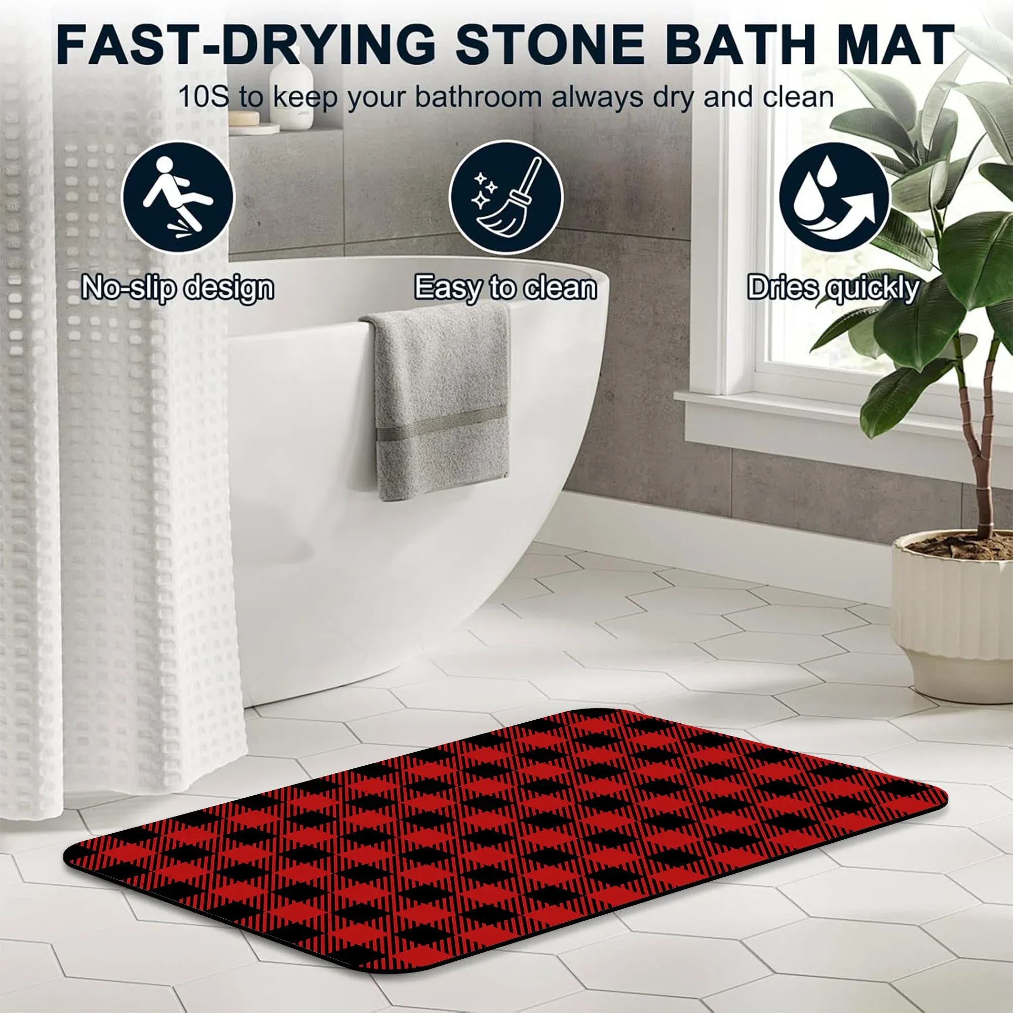 1 Piece Buffalo Plaid Bathroom Rug, Non-Slip Quick Dry Bath Mat for Tub, Shower, Floor and Indoor Outdoor Use, Red and Black — image 3