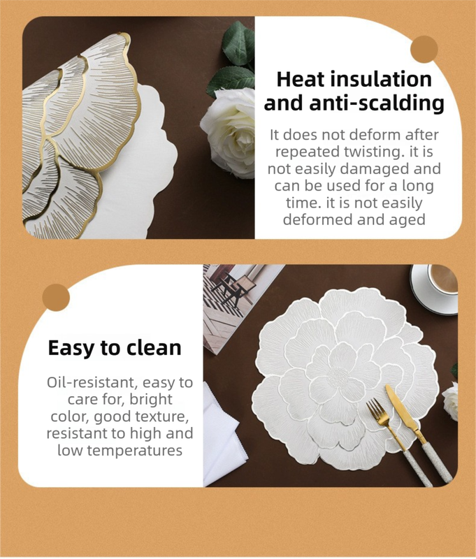 4-Pack Gold & Grey Luxury Bronzing Floral Heat-Insulated Placemats - Peony Style Anti-Slip & Waterproof PVC Table Mats(38x38CM) — image 4