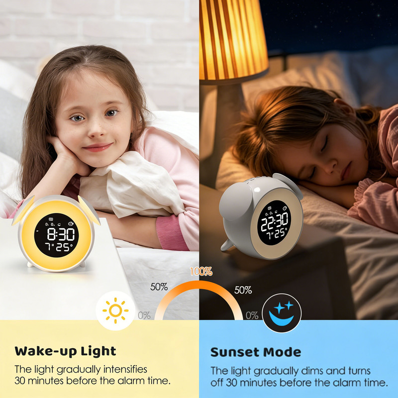 Children's alarm clock, educational day/night alarm clock with 15-color night light, snooze function, 2 alarms, weekday/weekend mode, digital alarm clock for — image 5