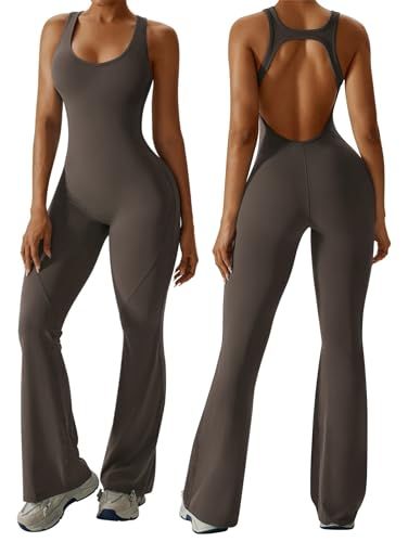 Sleeveless Open Back Flared Jumpsuit for Workout, Yoga, Casual Everyday & Occasions, S (dark brown)