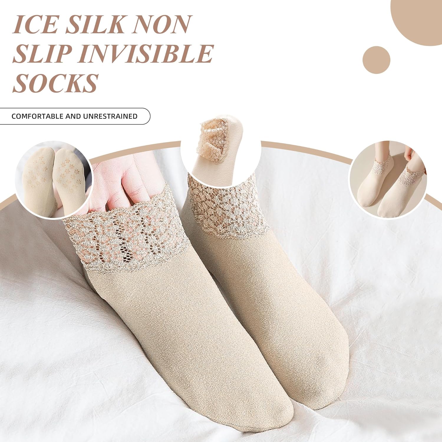 3Pairs Lace Socks No Show Frilly Ankle Knit Cotton Non Slip Low Cut for Women Floor Beige One Size — image 2