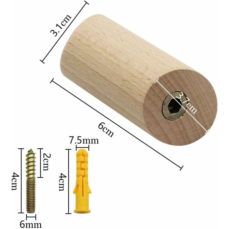 6 pcs Set Beech Wood Wall Hooks 3 × 6Cm Cylinder Wall Mounted Coat Hook Decorative Hook For Coat Hat Scarf Bag Towel — image 2