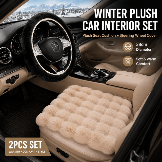 2-Piece Winter Warm Non-Slip Car Interior Comfort Combo with Khaki Soft Bubble Fleece 3D Fluffy Car Seat Cushion and Black Plush Steering Wheel Cover