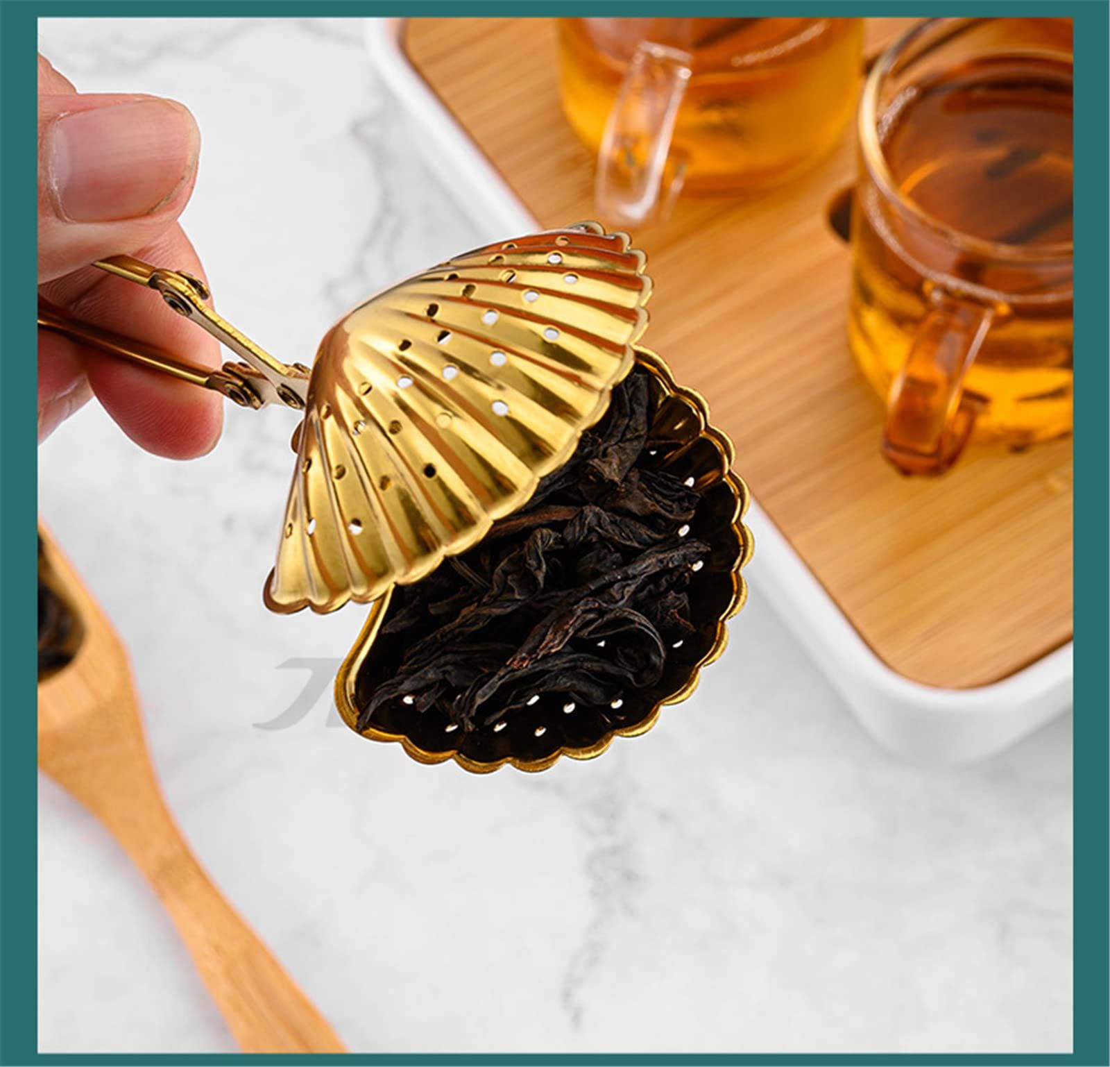 5Pcs Tea Snap Balls Seashell Heart Star Pineapple Teapot Shape Tea Filters Stainless Steel Tea Strainer with Long Handle(Gold) — image 3
