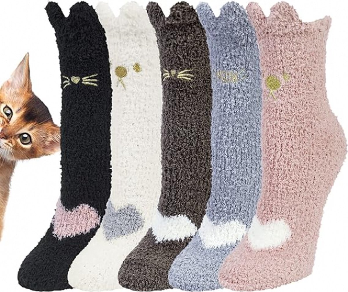 Warm Winter Socks Ladies - Set of 5 Pairs - Ladies Plush Socks - Women's Socks - House Socks - Sleep Socks - Fluffy Socks - Cat Claw - Cute Animal Socks