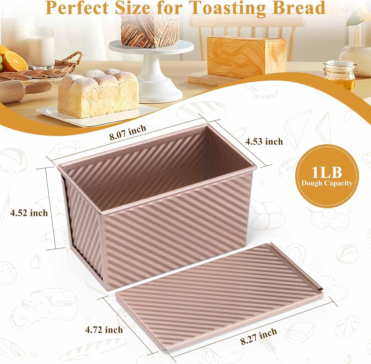 2-pack Pullman loaf pan with lid - 1 pound bread baking pan - non-stick coating for homemade sourdough bread - toast box - sturdy corrugated baking pans with — image 3