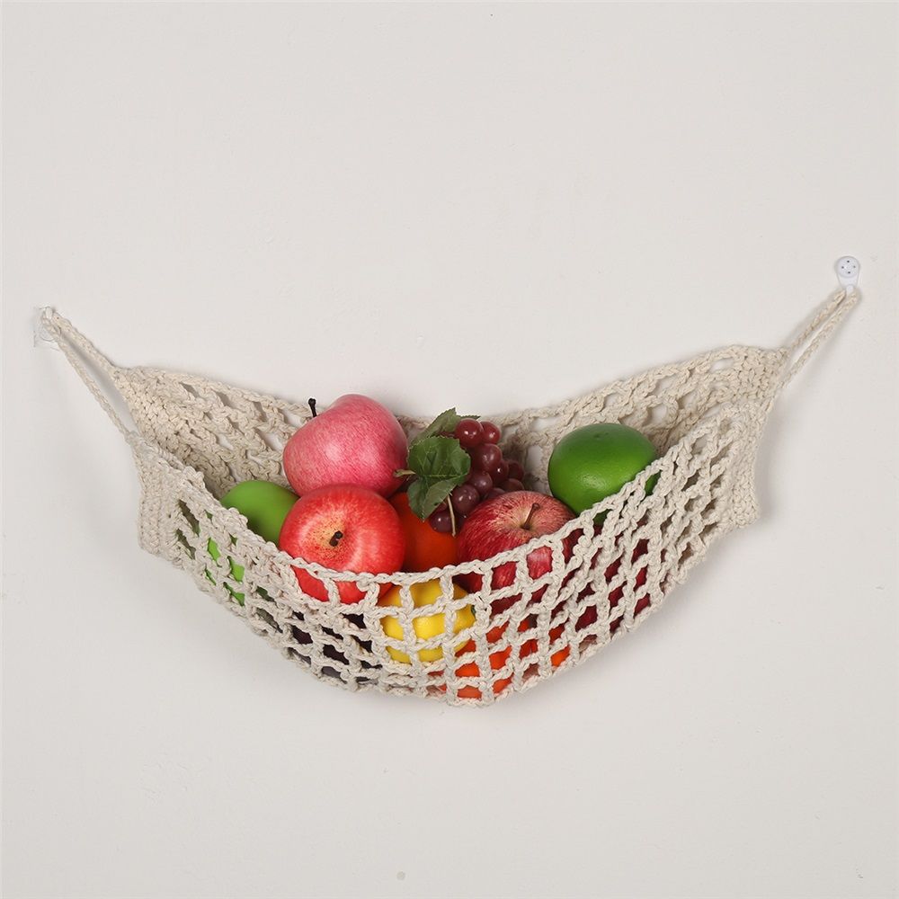 Fruit Hammock for Kitchen Under Cabinet Fruit Basket Hanging Handwoven Cotton Macrame Basket Boho Decor Storage Save Counter Space for Home Camper RV