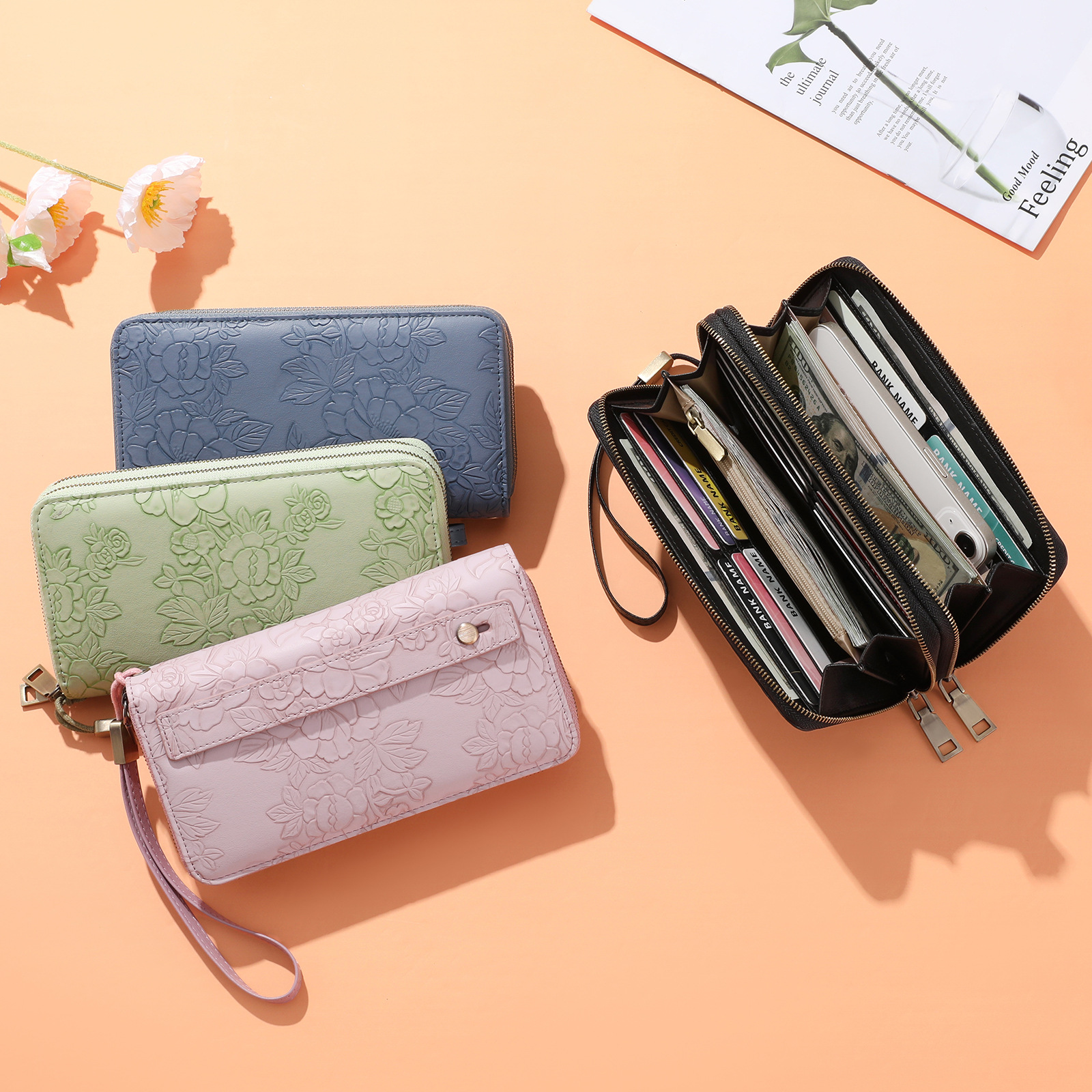 Pink Floral Embossed Large Capacity Women's Wallet - Double Zipper PU Leather Clutch with Detachable Wrist Strap — image 2