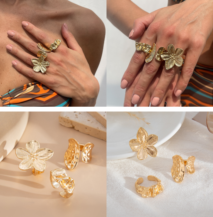 3-Piece Molten Gold Tone Ring Set - Vintage Baroque Flower & Abstract Liquid Metal Design - Adjustable Open Cuff Stackable Jewelry for Women โ image 3
