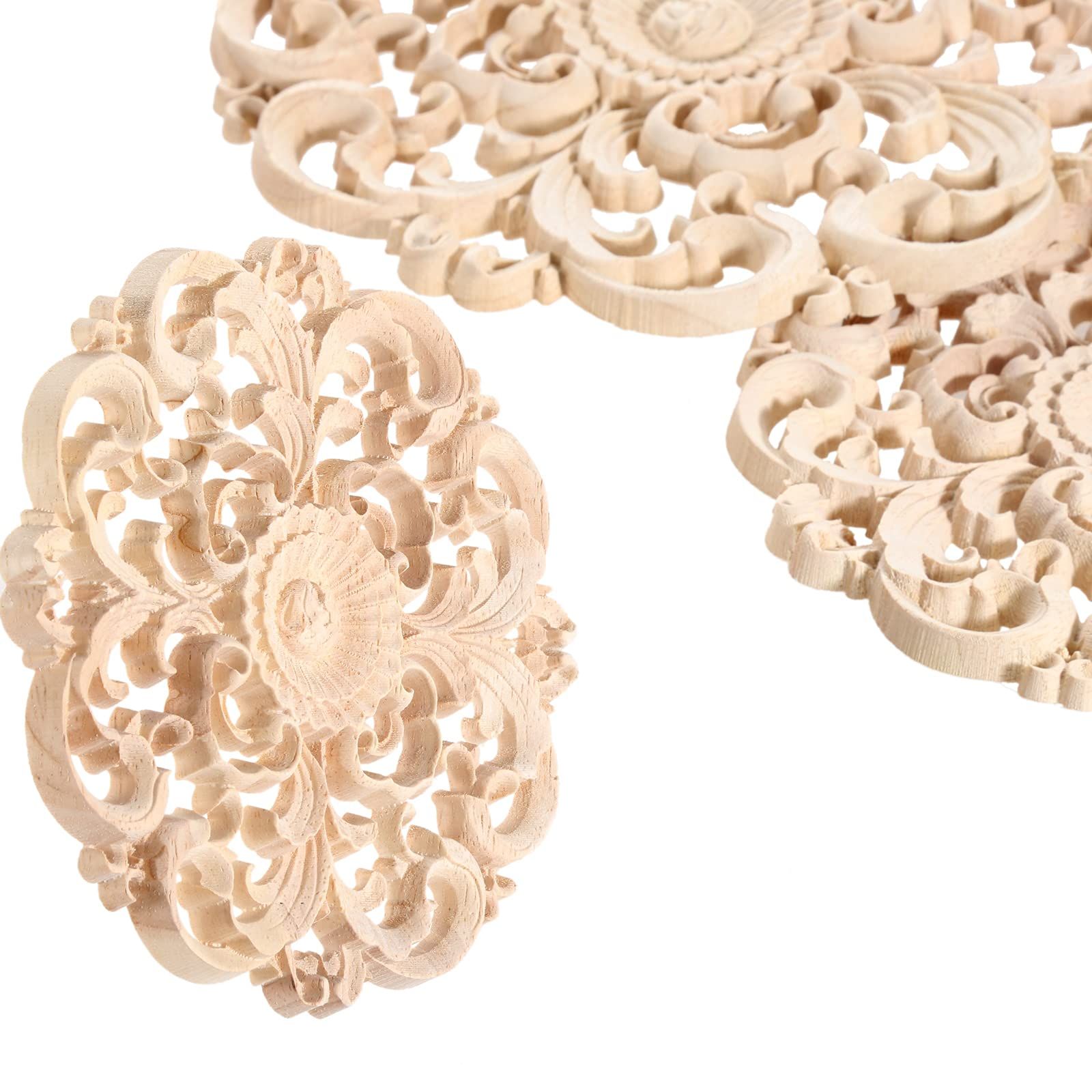 Round Wood Appliques Onlays, 1-Pack Unpainted Wooden Carved Flower Carvings Decals for Wall Cupboard Mirror Mantel Door Bed — image 5