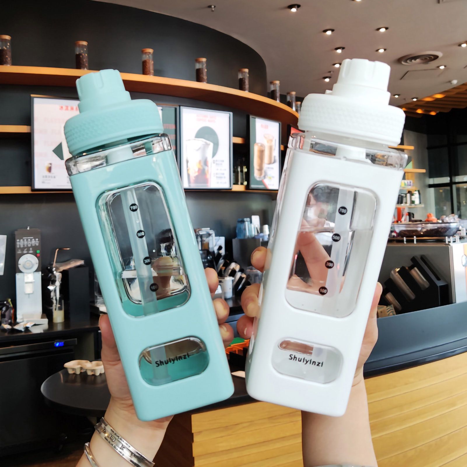 Straw Water Bottle with Marker 700ml Large Capacity Double Layer Water Jug for Home Gym School Green — image 3