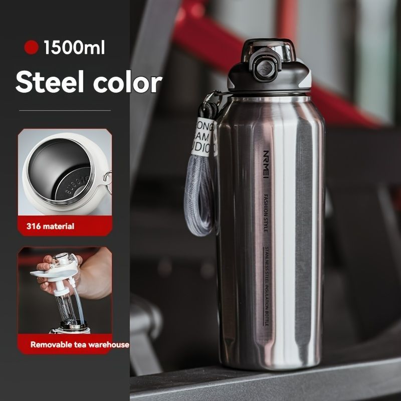 316 Stainless Steel Water Bottle Outdoor Insulated Bottle Sports Straw Bottle - Silver - Size 1000ml — image 3