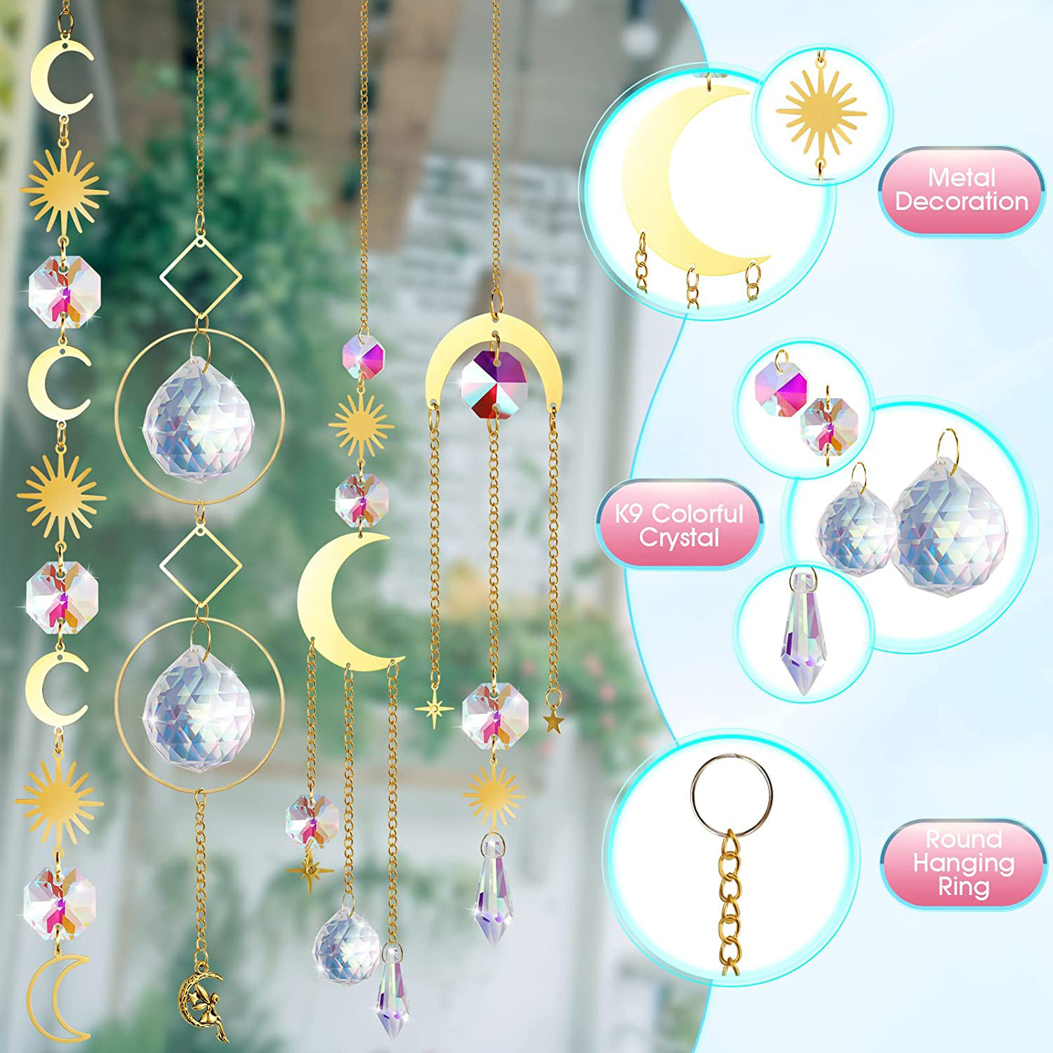 (Style 1) 4 pcs Crystal Wind Chimes-Sun Catcher Star Moon Dream Catcher for Window 30cm โ image 3
