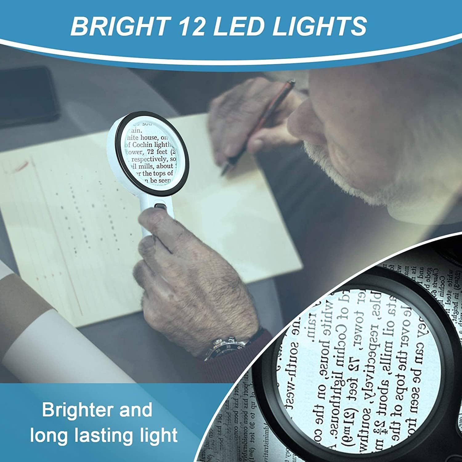Magnifying glass with 12 LED lights - 30x double glass lens - hand-held illuminated magnifier Suitable for seniors - reading stamps, cards, researching macular — image 5