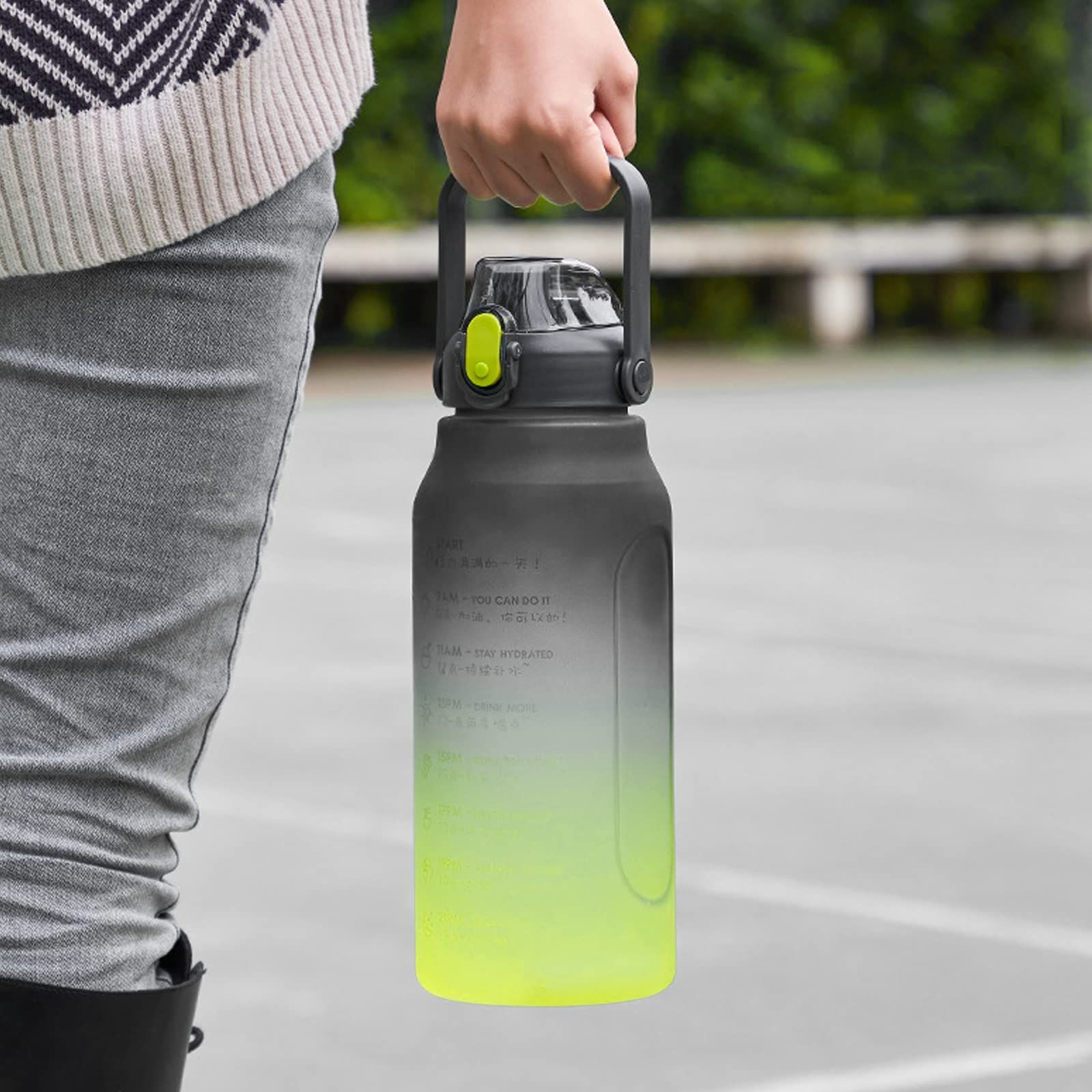 Free Sports Drink Bottle with Time Marking & Lock Cover, Leakproof Plastic Water Bottle for Camping Gym (Yellow Black, 1.5L) — image 5