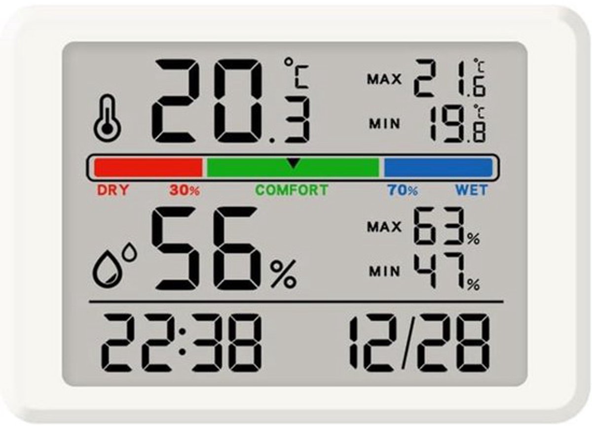 Wekker - Weather Station - Digital Hygrometer - Room Thermometer - Temperature and Humidity Meter - Baby's Room - Children's Room - Office - Kitchen - Wall