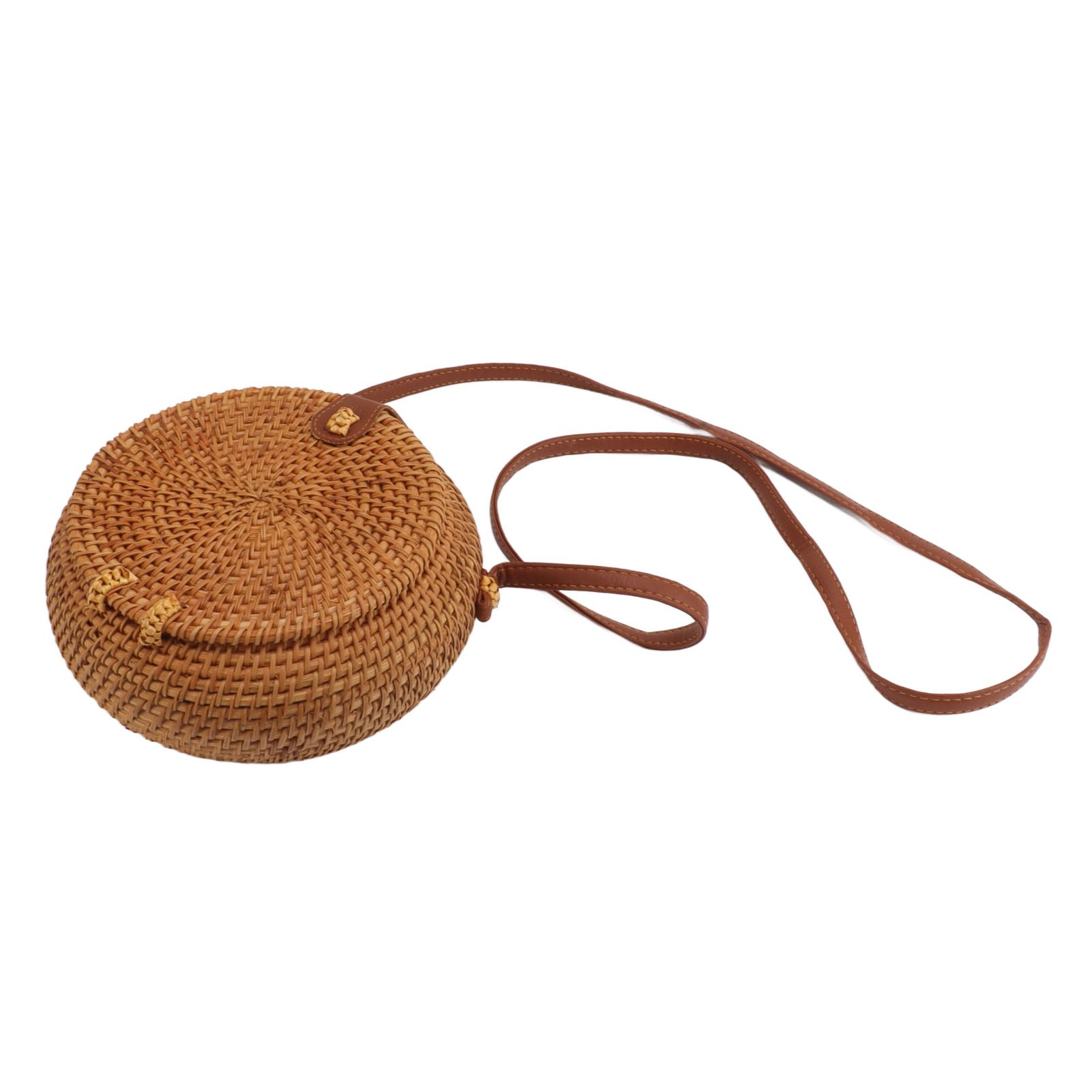 Handwoven Round Rattan Bag Tropical Beach Style Woven Shoulder Rattan Bag with Leather Strap 20cm Diameter Natural Color Oval with Lining — image 2