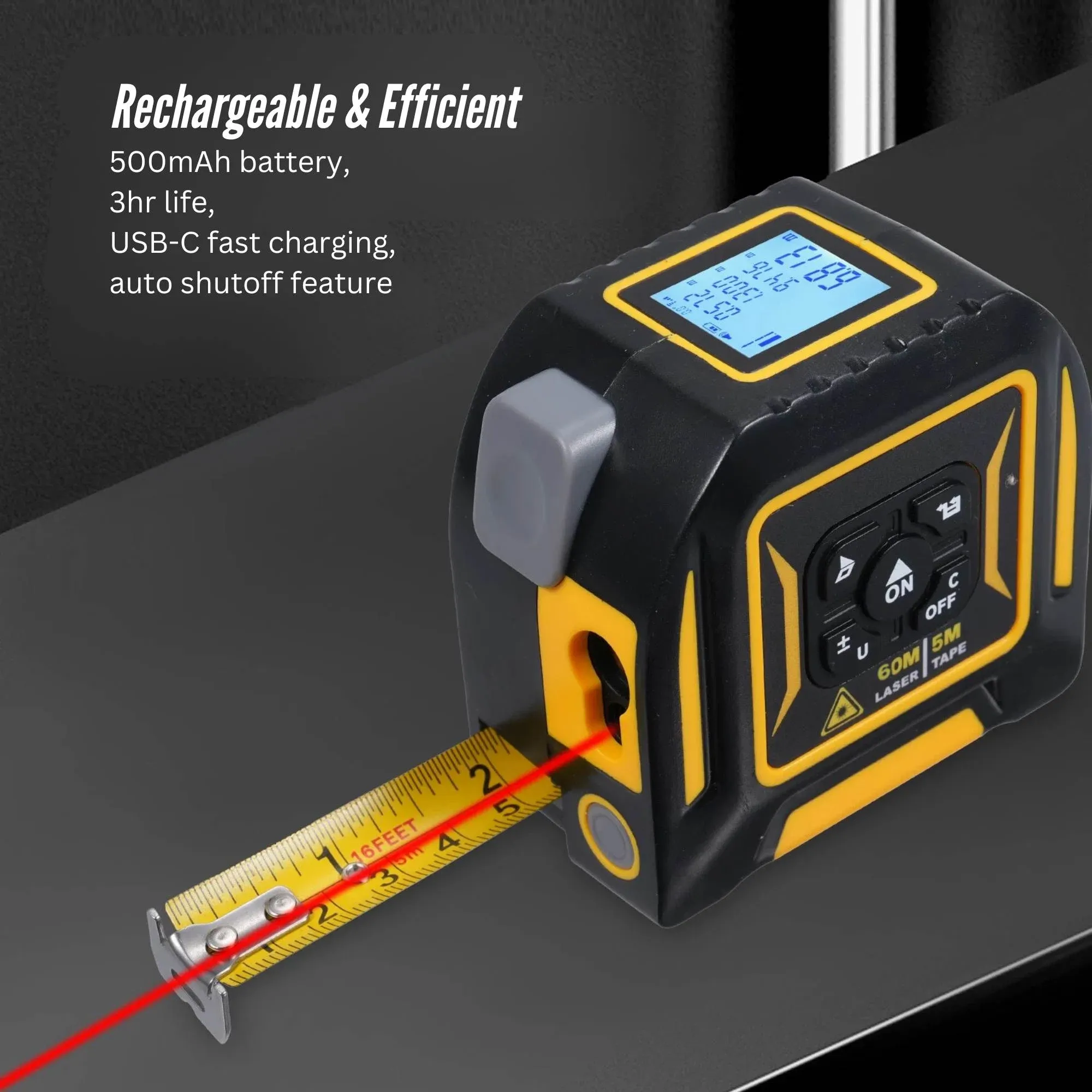 Tooleroo 60m Digital Laser Tape Measure + 5m Steel Tape – 3-in-1 Cross Marking — image 6