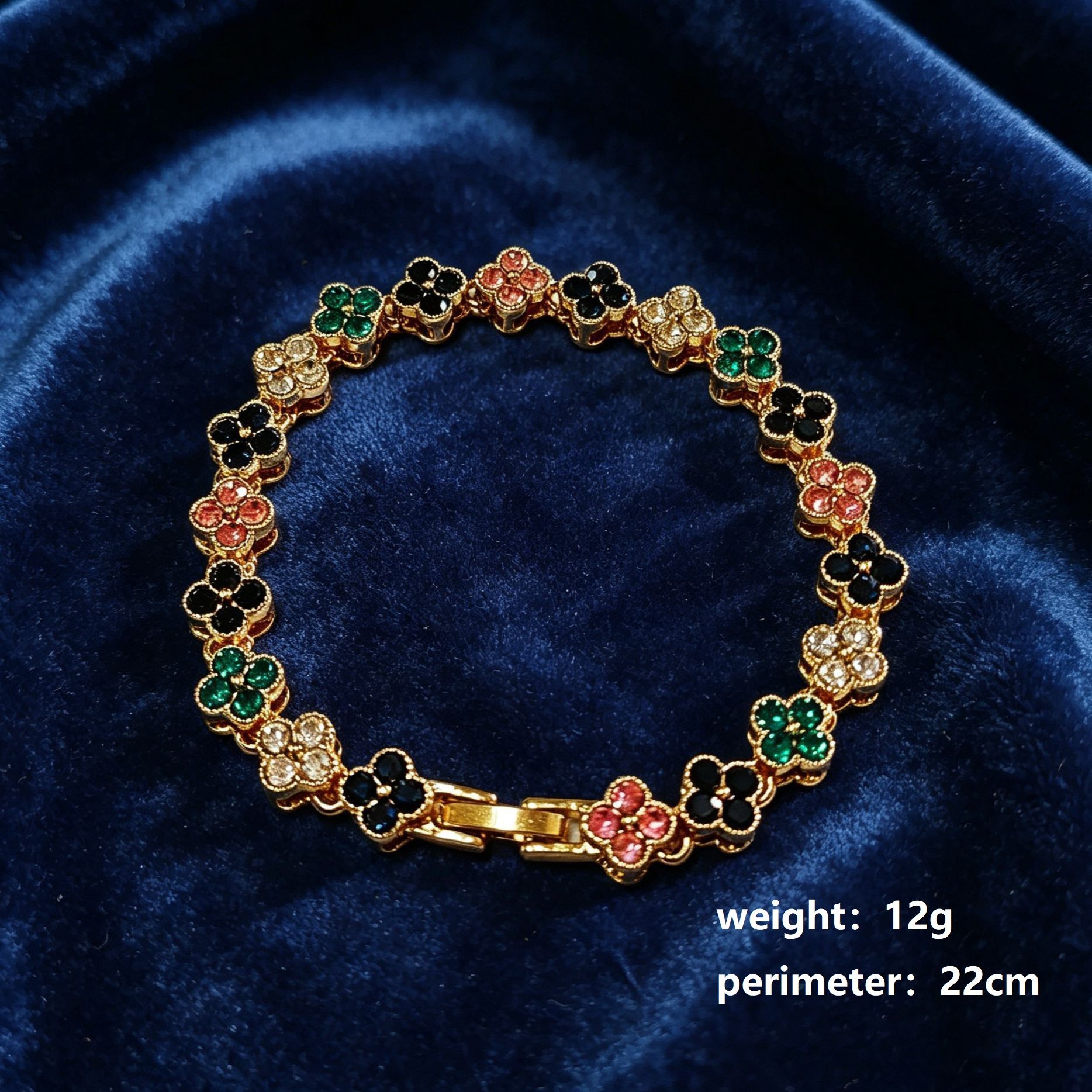 Gold and Color Four-Leaf Clover Zircon Bracelet - Gold-Tone Alloy Lucky Charm Wristband with Full Crystal Pave, 22cm Elegant Fashion Jewellery for Women — image 3