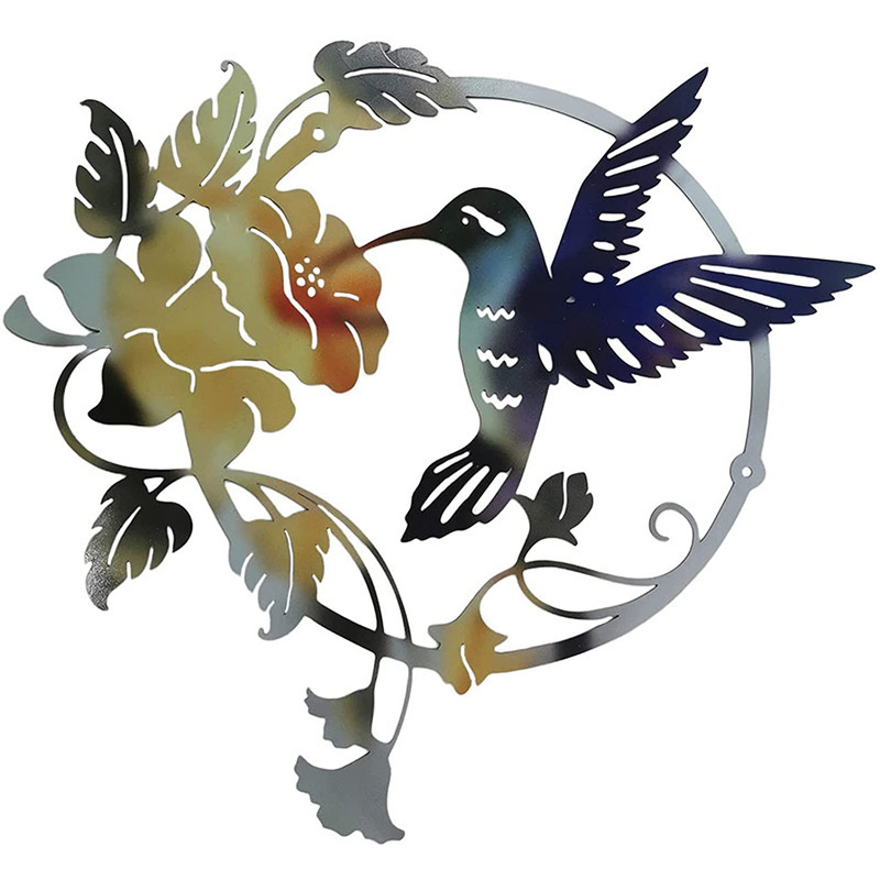 Yellow Set of 2 Round Metal Wall Art - Hummingbird & Flower Sculpture for Indoor & Outdoor Decor