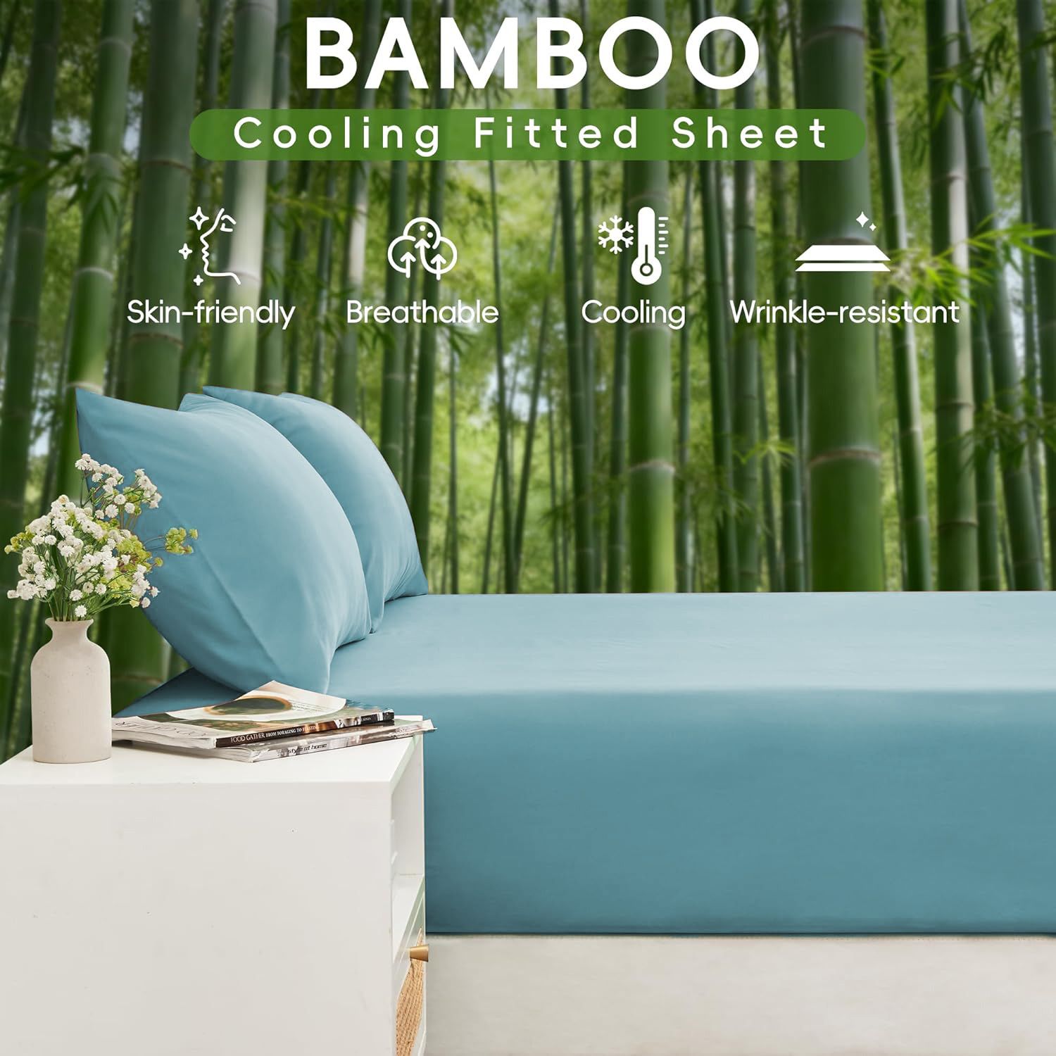 4 Piece Ultra Soft Bamboo Breathable Sheet Set -Hotel 2000TC Breathable Bed Sheets Set with 37 Centimetre Deep Pocket-Breathable Sheets for Hot Sleepers(Sky — image 3
