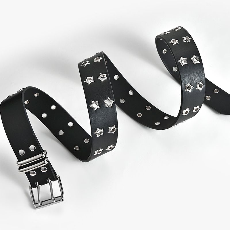 Punk Star Studded Waist Belt, Double Prong Eyelet Leather Belt for Jeans Goth Streetwear Outfit- black โ image 3
