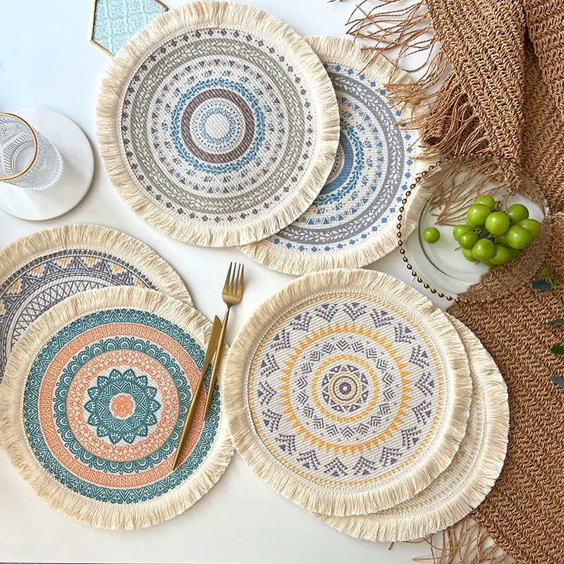 4 Pcs Beige and Yellow Boho Chic Woven Cotton Placemat with Tassels - Nordic Bohemian Style(Tableware is a prop for shooting and is not included) โ image 2