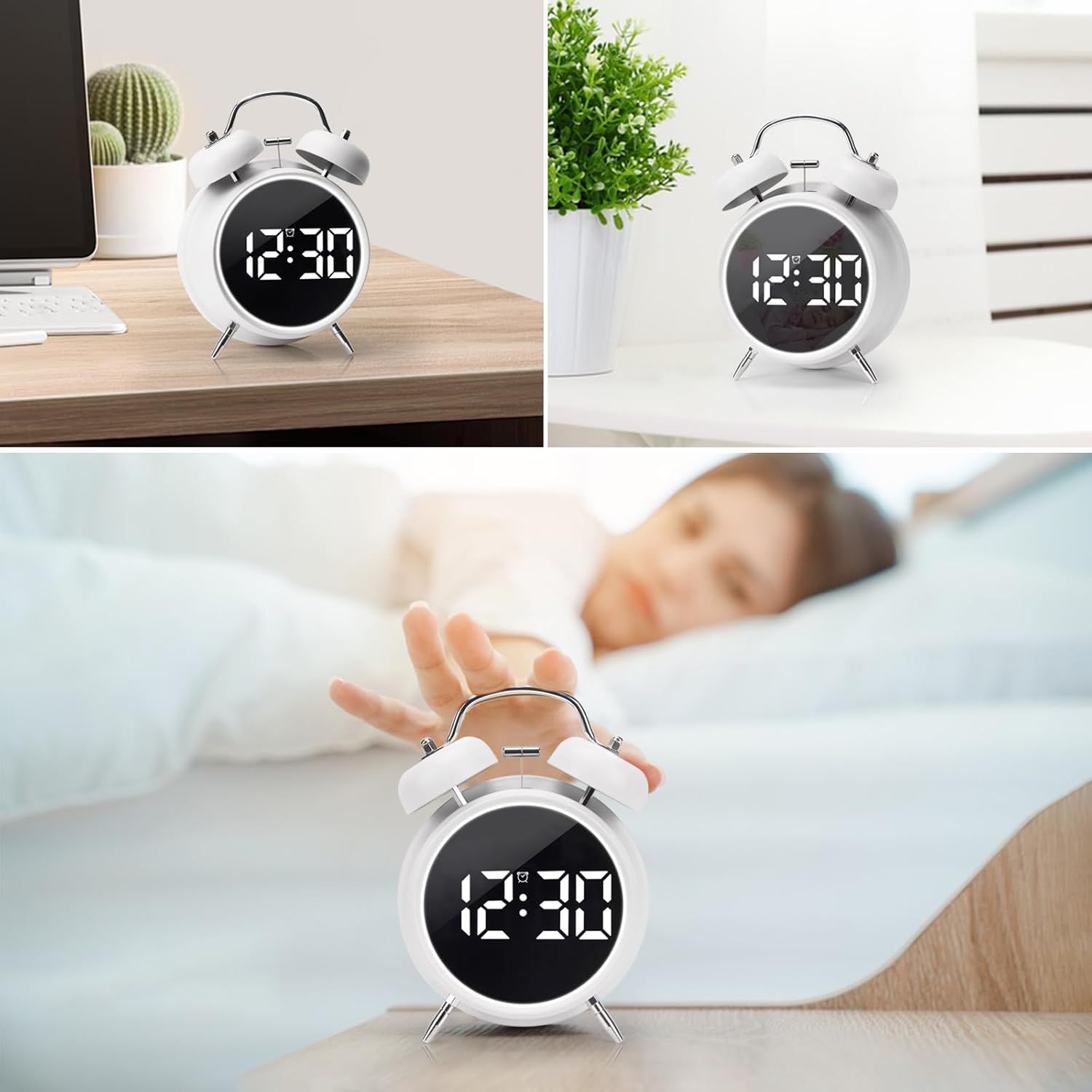 Digital Small Alarm Clock, Double Bell Electronic LED Alarm Clock, Plug in or Battery Operated Silent Metal Table Clock, Bedside Loud Bell Clock for Heavy — image 4